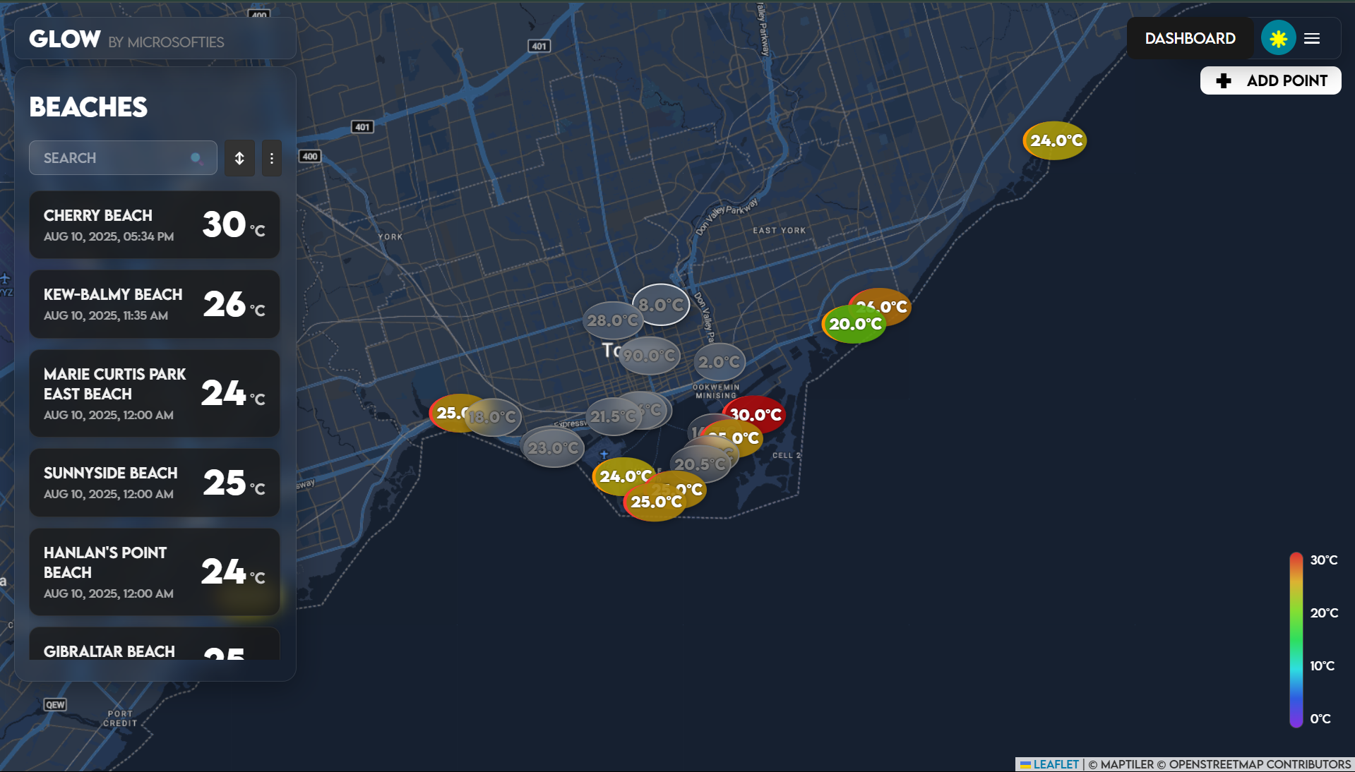 GLOW Home Page with interactive map showing beach water temperatures across Toronto