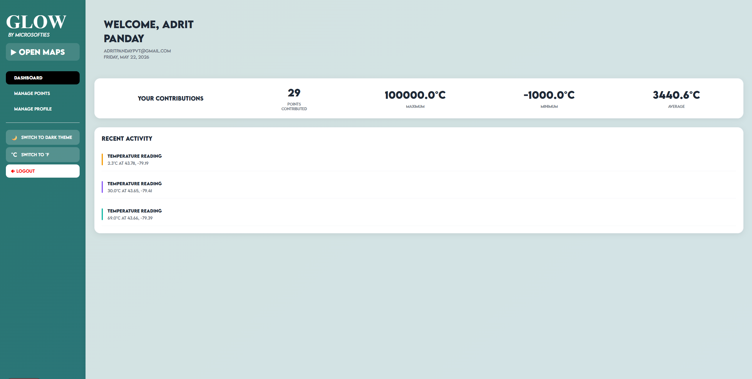 GLOW user dashboard where users can view and manage their saved beach locations and edit temperature logs