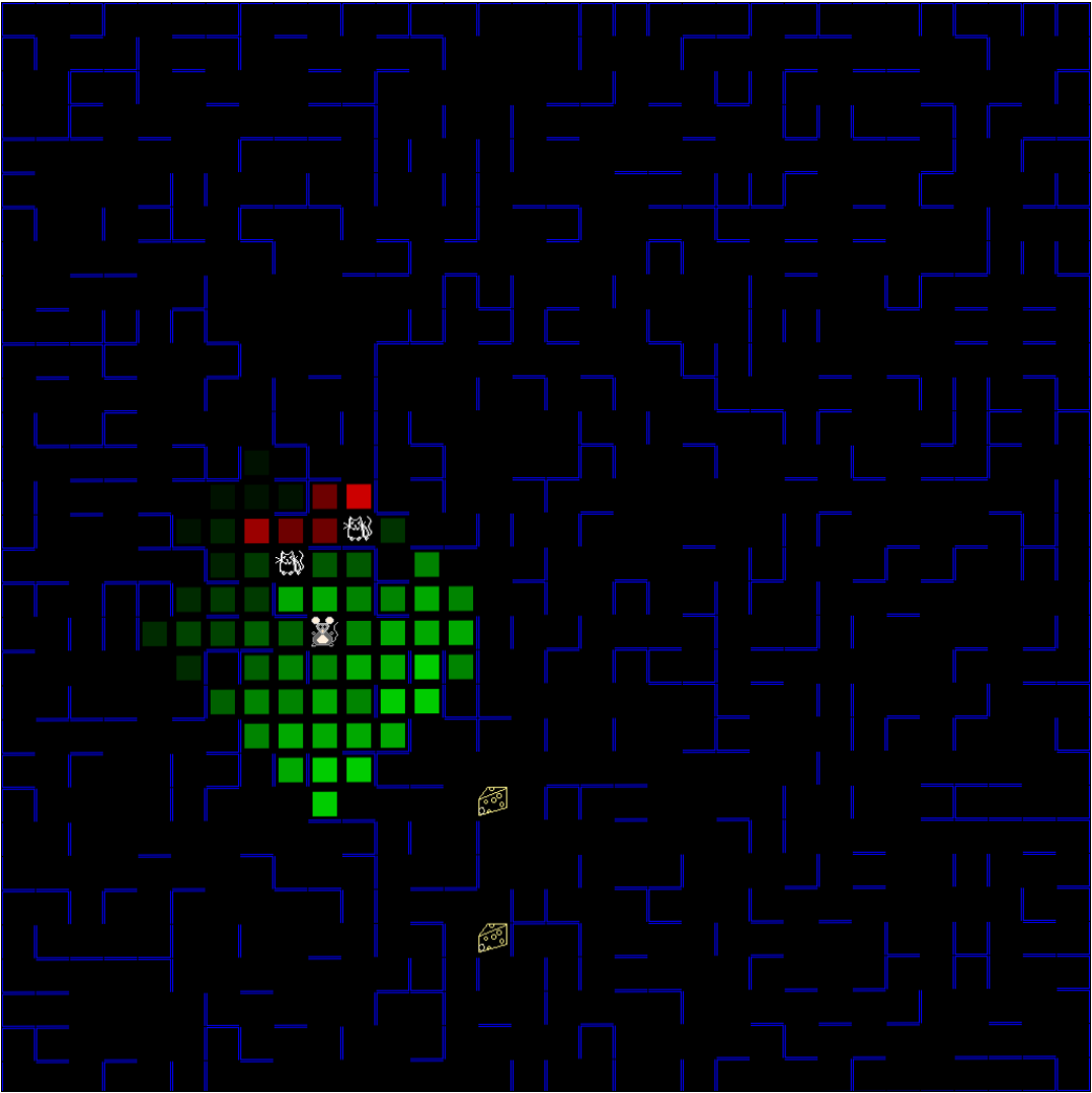 MiniMax adversarial search visualization showing agent and opponent search areas in a maze